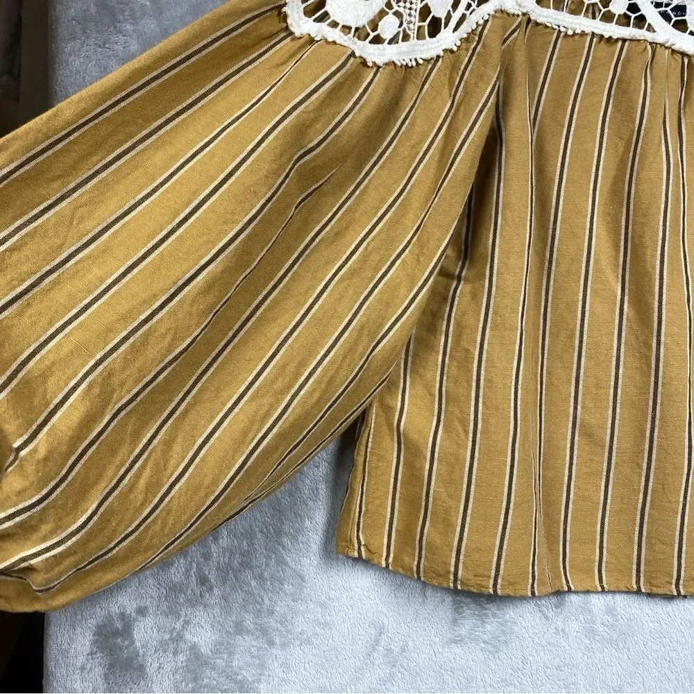 Zara Woman Crochet Striped Cotton Long Sleeve Blouse Size S